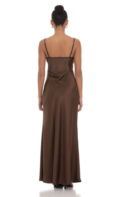 Lucy In The Sky Satin Shift Maxi Dress in Brown