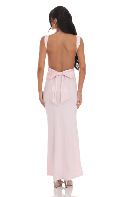 Lucy In The Sky Open Back Bow Maxi Dress in Pink