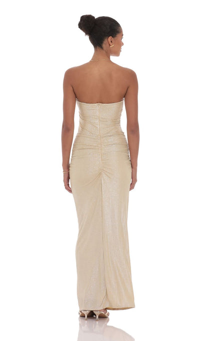 Lucy In The Sky Pointed Corset Maxi Dress in Gold