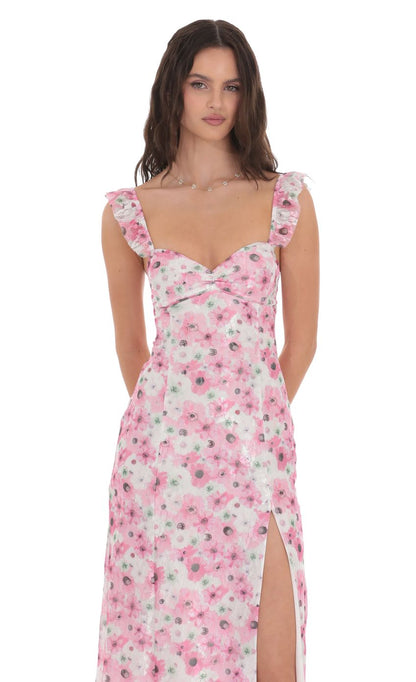 Lucy In The Sky Lace Floral Ruffle Sleeve Maxi Dress in Pink and White