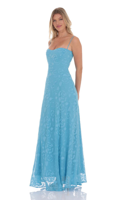 Lucy In The Sky Burnout Lace-Up Maxi Dress in Aqua