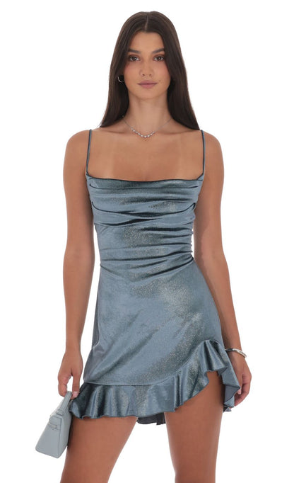 Lucy In The Sky Foil Velvet Ruffled Slit Dress in Blue