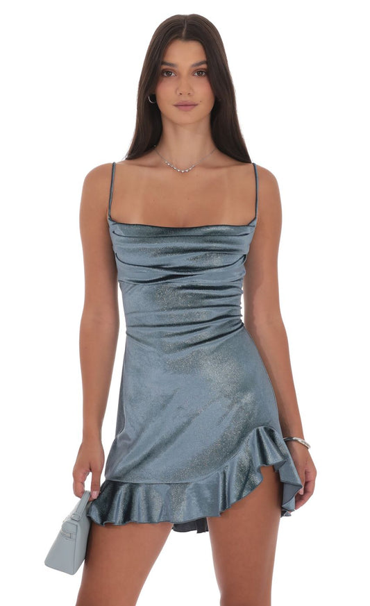 Lucy In The Sky Foil Velvet Ruffled Slit Dress in Blue