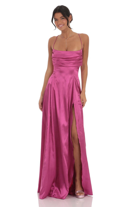 Lucy in the Sky Satin Floral Maxi Dress in Magenta