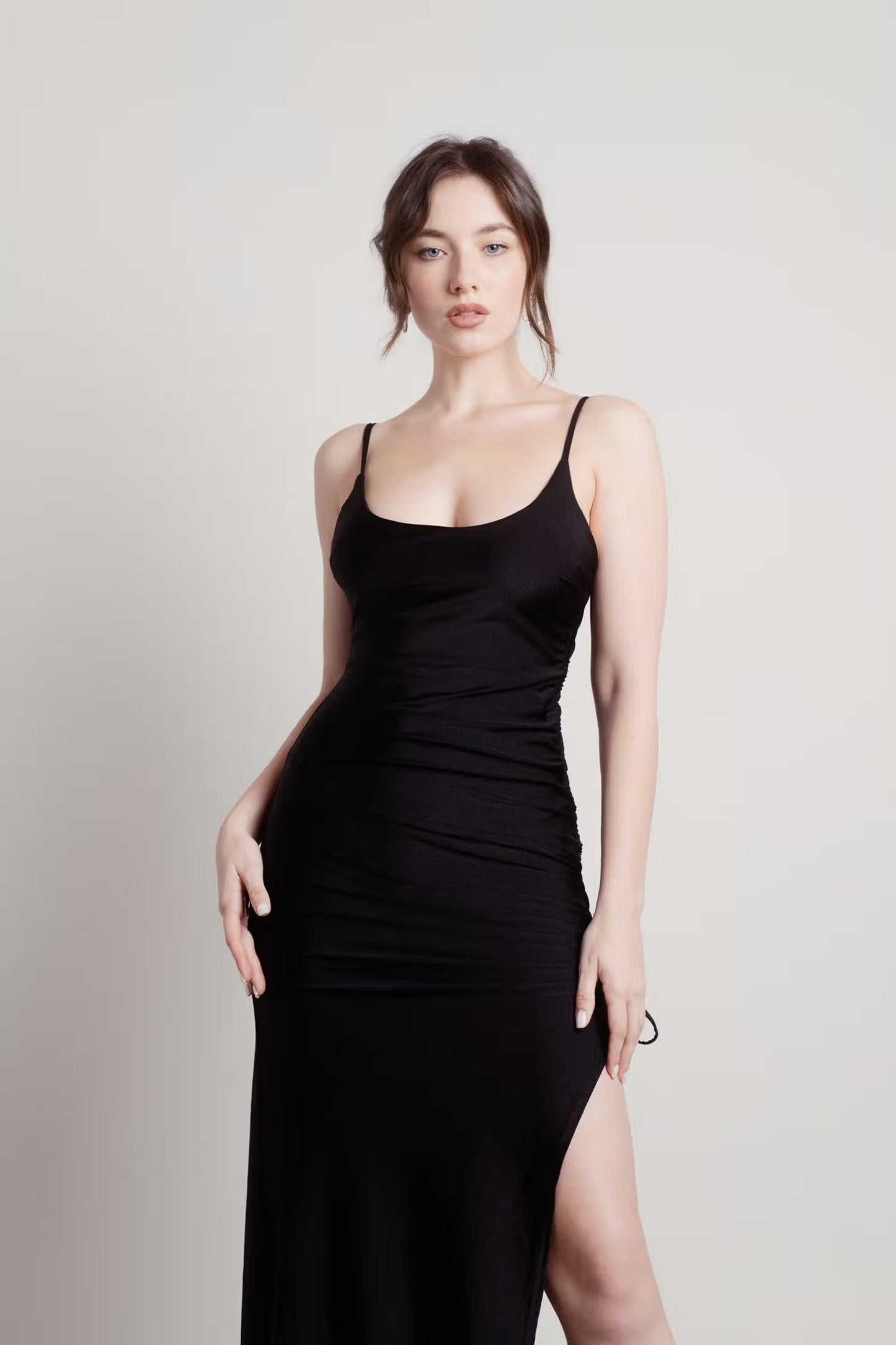 Tobi What A Night Ruched High Slit Maxi Dress