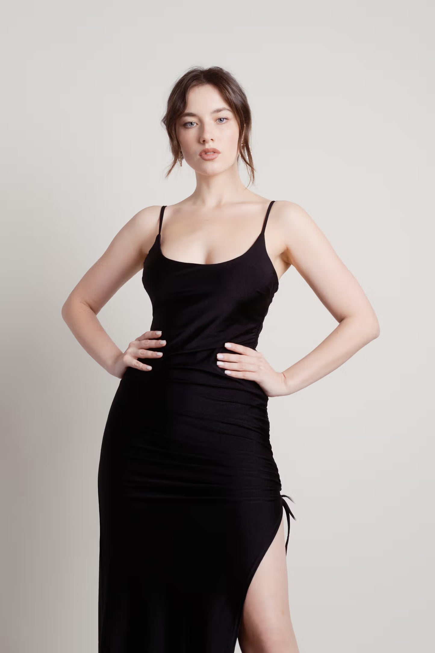 Tobi What A Night Ruched High Slit Maxi Dress