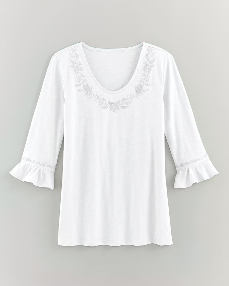 BLAIR Women’s Top Slub Knit Flounce Embroidered Top (Misses) - x3