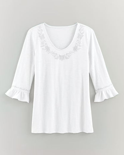 BLAIR Women’s Top Slub Knit Flounce Embroidered Top (Misses) - x3