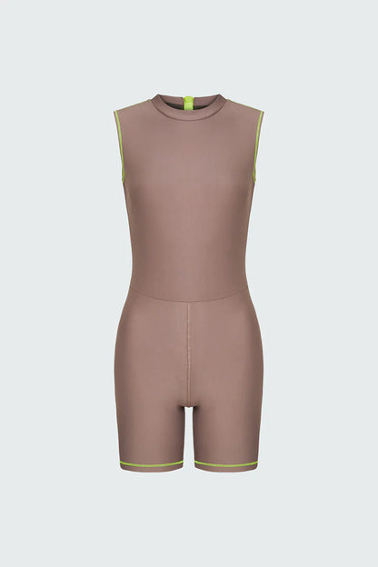 Watskin Sunwear Reiley Sleeveless Short Bodysuit in Taupe