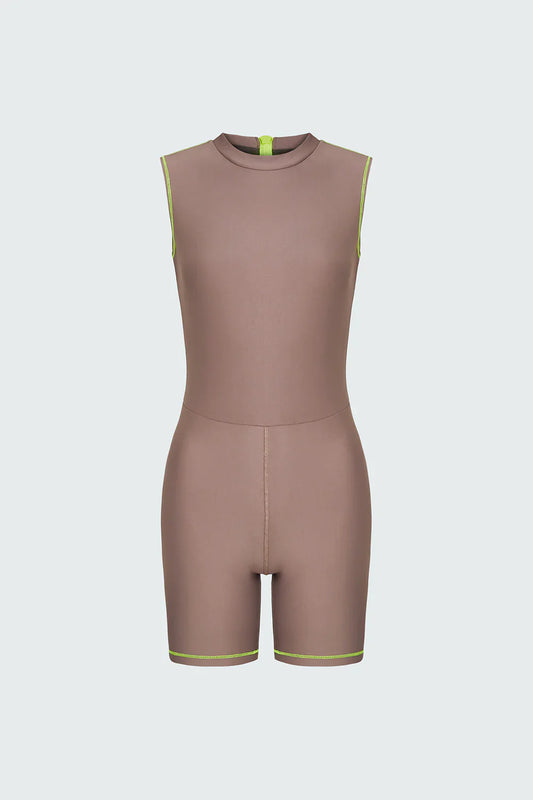 Watskin Sunwear Reiley Sleeveless Short Bodysuit in Taupe