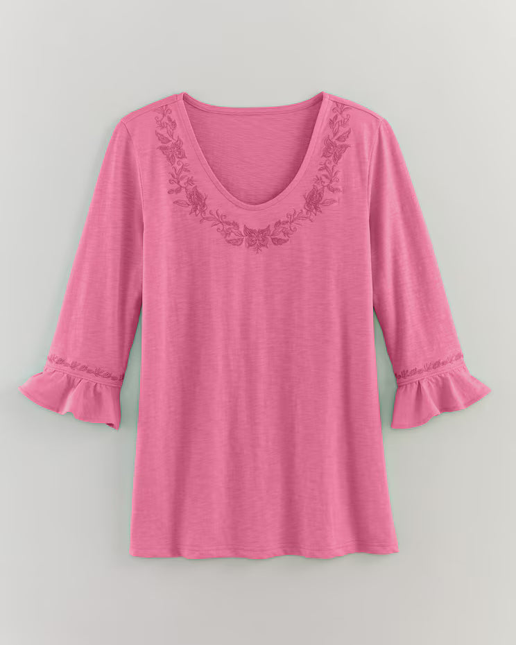 BLAIR Women’s Top Slub Knit Flounce Embroidered Top (Misses) - x3