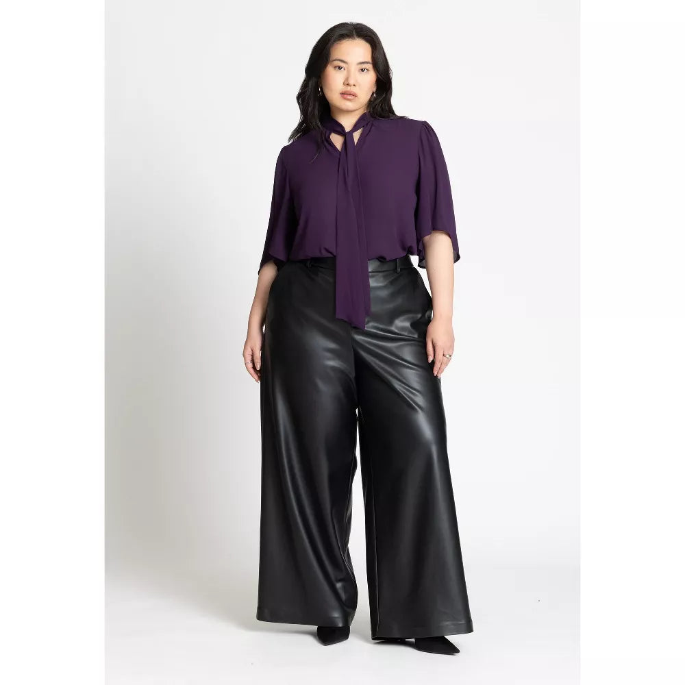ELOQUII Bow Blouse with Flutter Sleeve - Deep Purple
