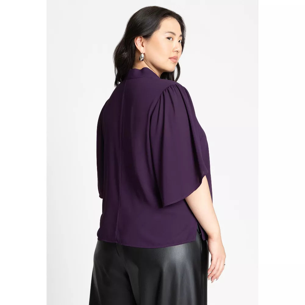 ELOQUII Bow Blouse with Flutter Sleeve - Deep Purple