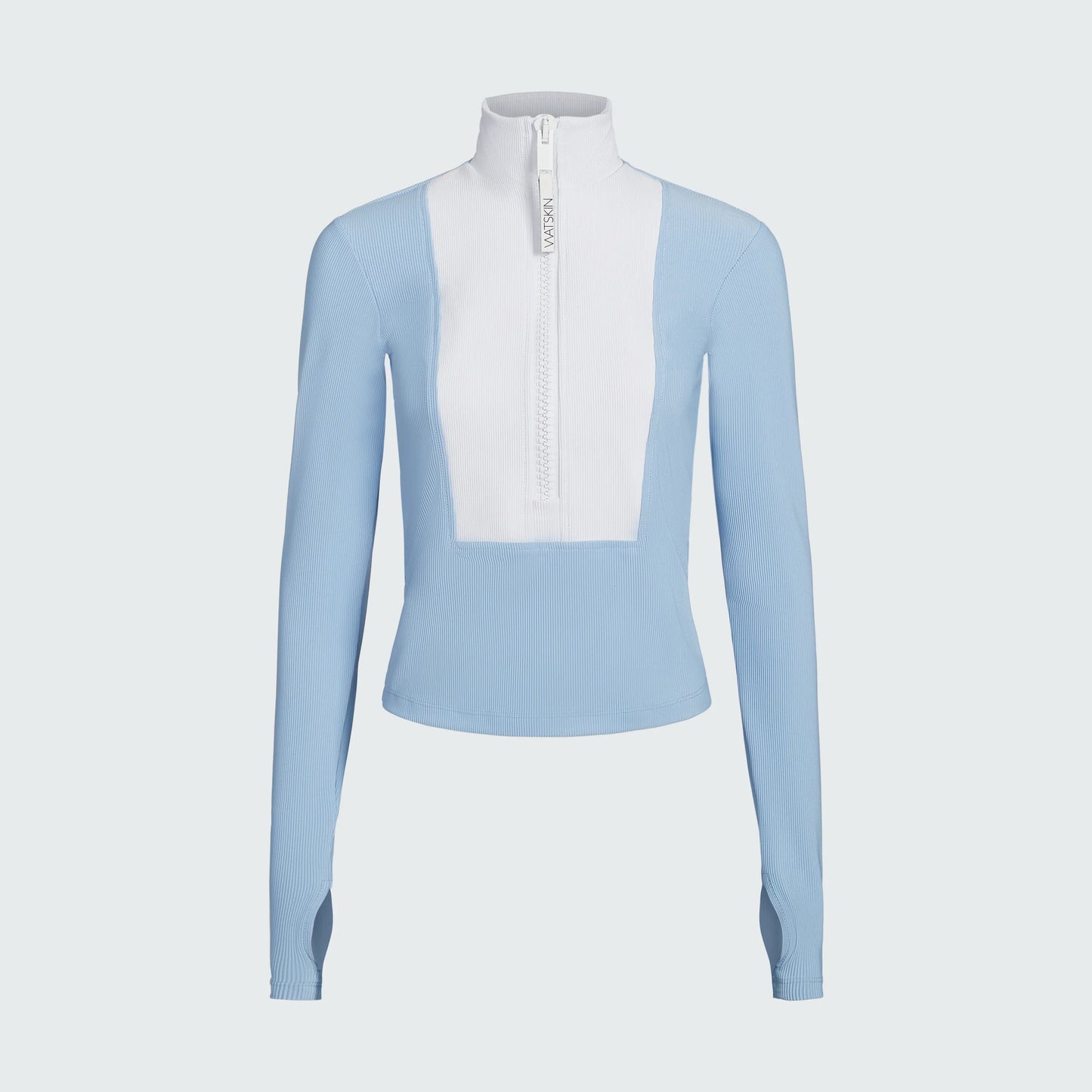 Watskin Sunwear Mia 1/2 Zip Ribbed Pullover in Sky Blue and White
