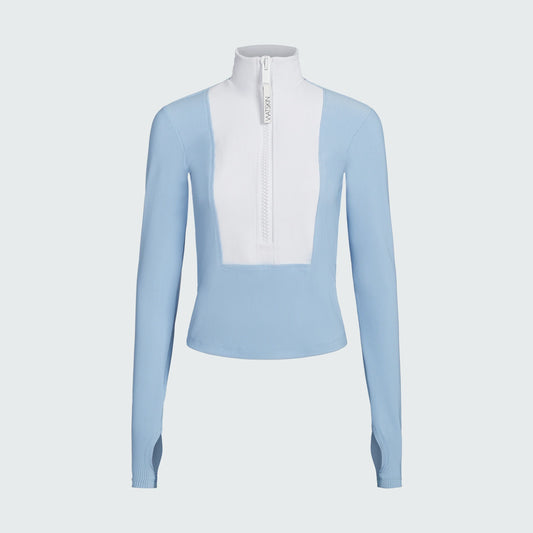 Watskin Sunwear Mia 1/2 Zip Ribbed Pullover in Sky Blue and White