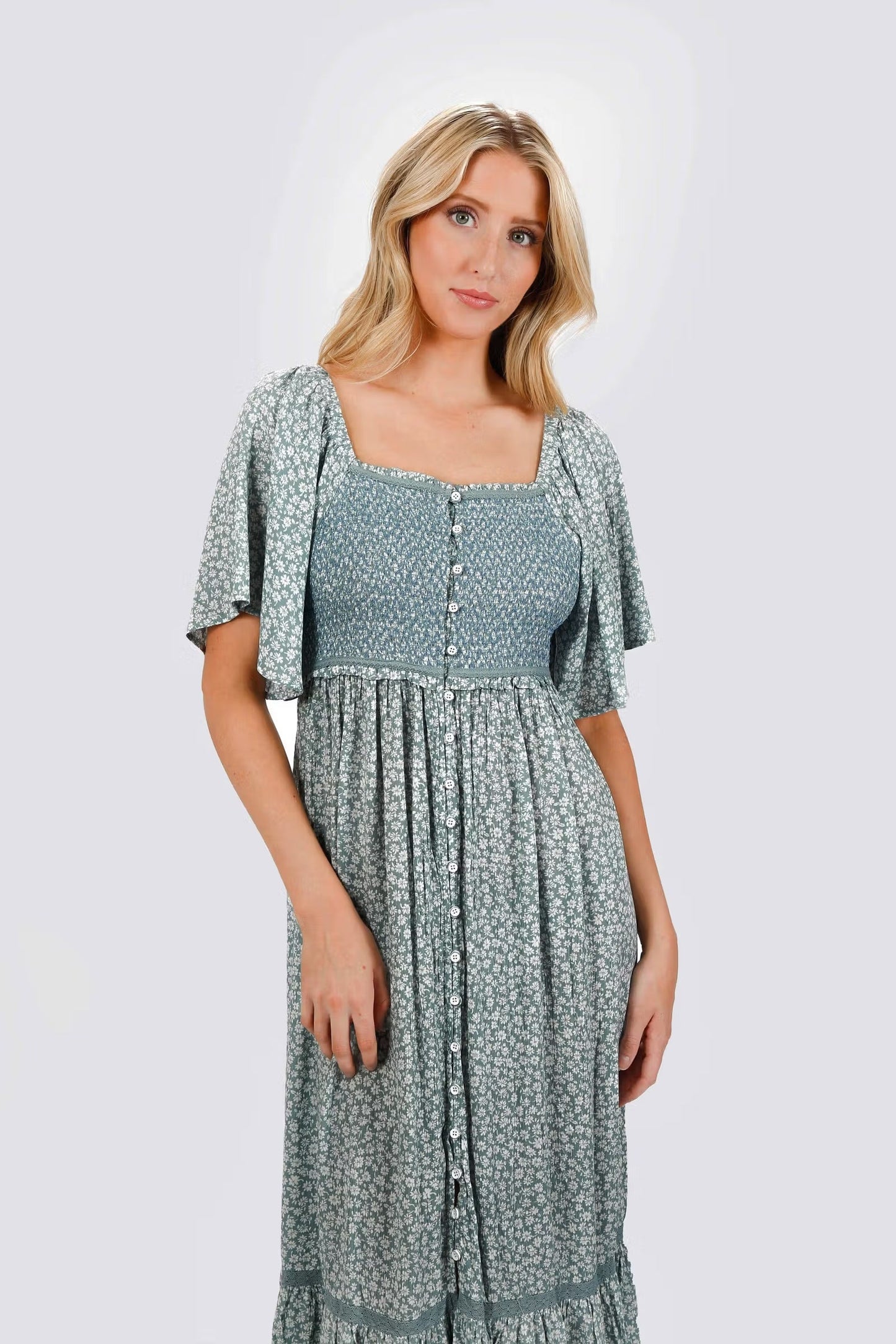 Tobi Maeve Smocked Buttoned Midi Dress