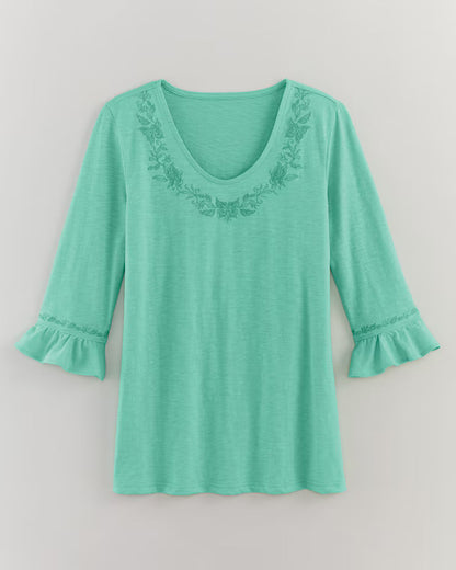 BLAIR Women’s Top Slub Knit Flounce Embroidered Top (Misses) - x3