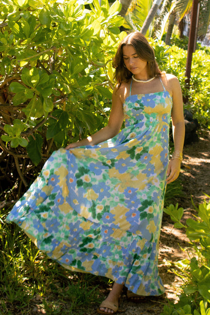 Tiare Hawaii Bellini Maxi Dress - Watercolor Dreams Teal Yellow