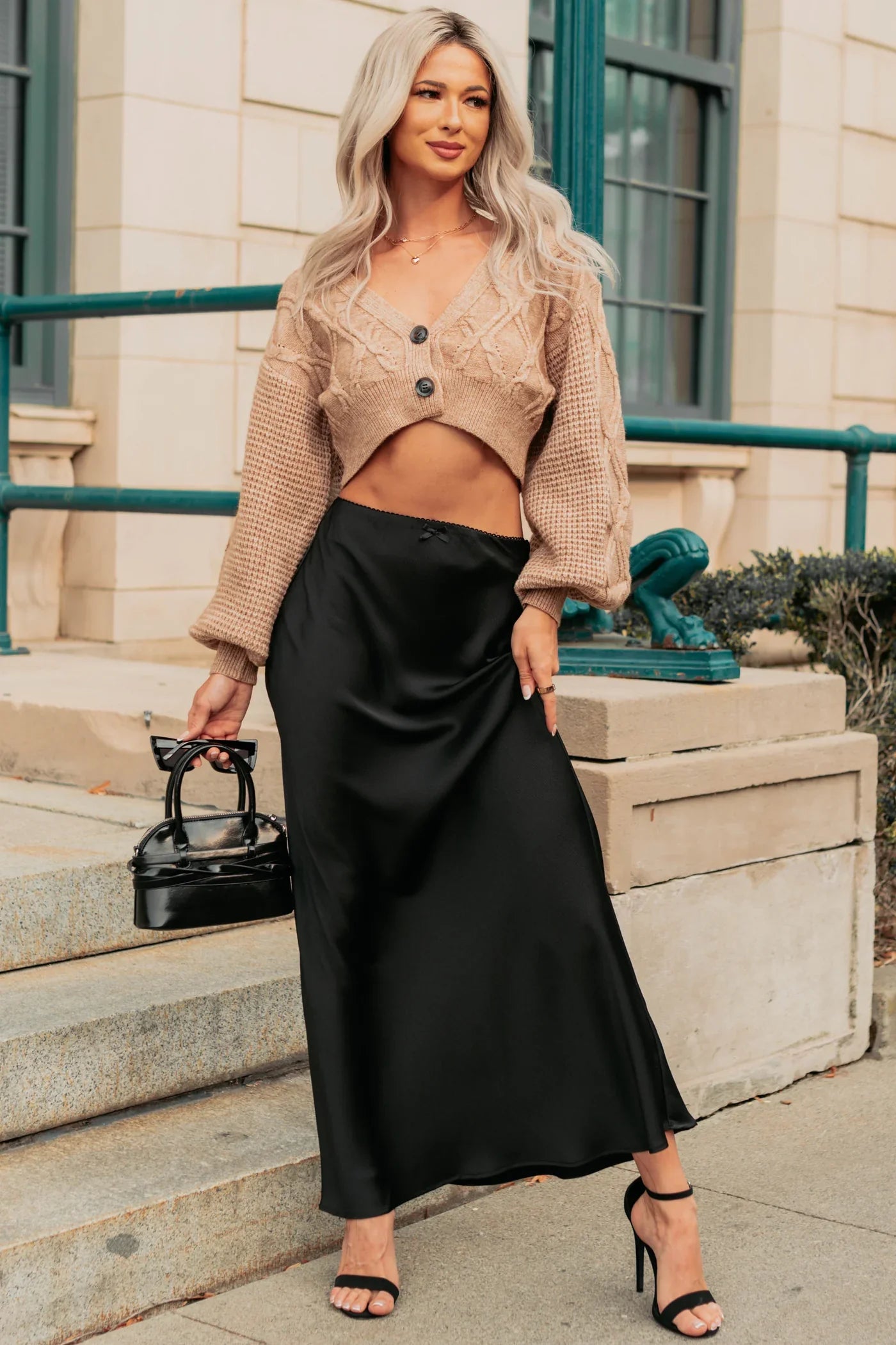 NanaMacs True Escapism Cropped Cable Knit Cardigan (Taupe)