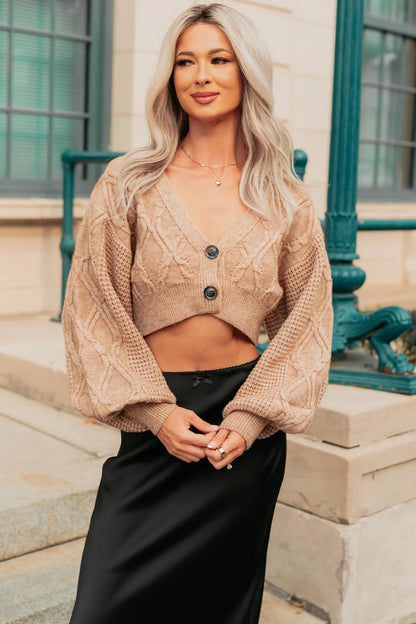 NanaMacs True Escapism Cropped Cable Knit Cardigan (Taupe)