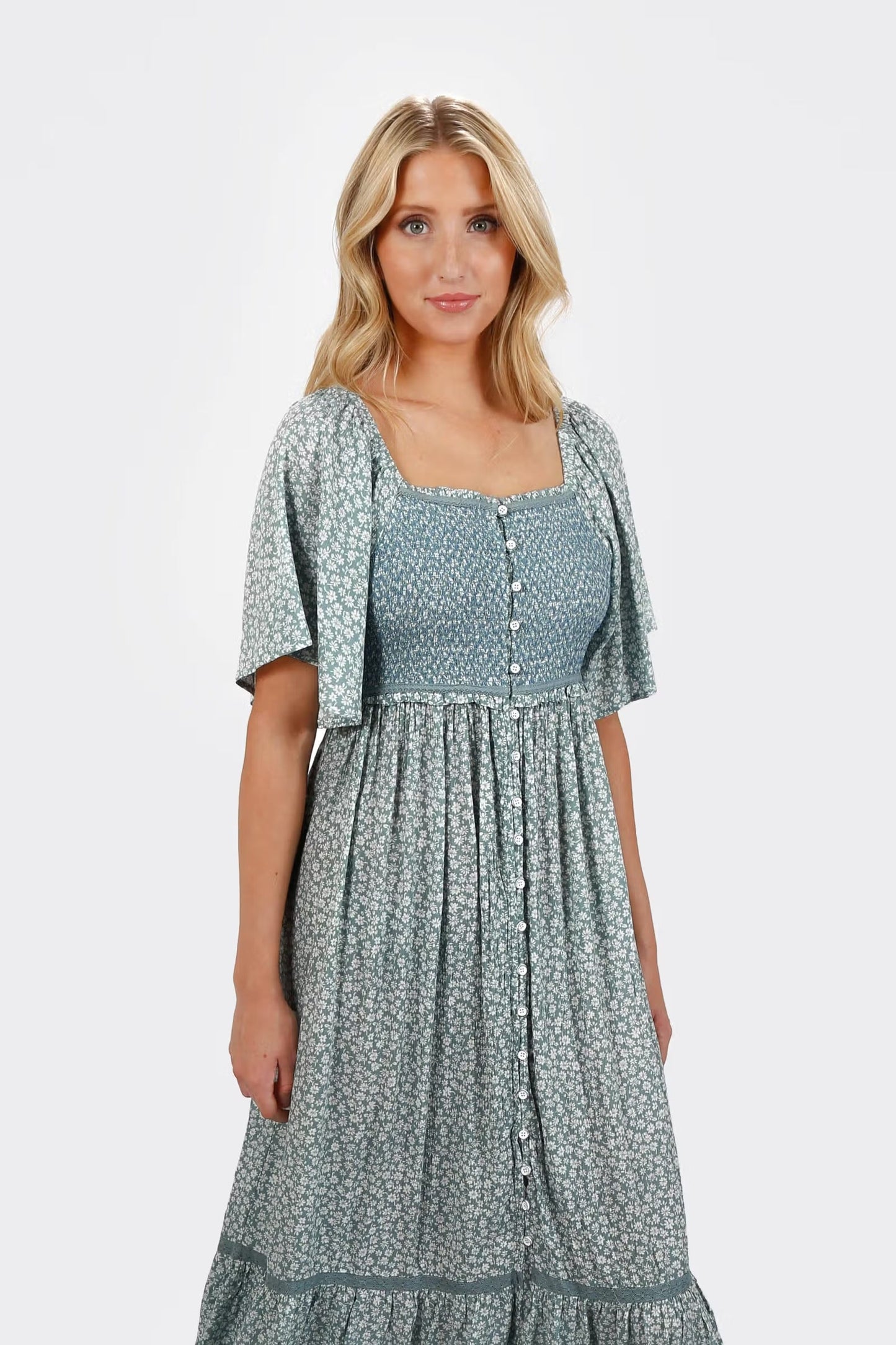 Tobi Maeve Smocked Buttoned Midi Dress