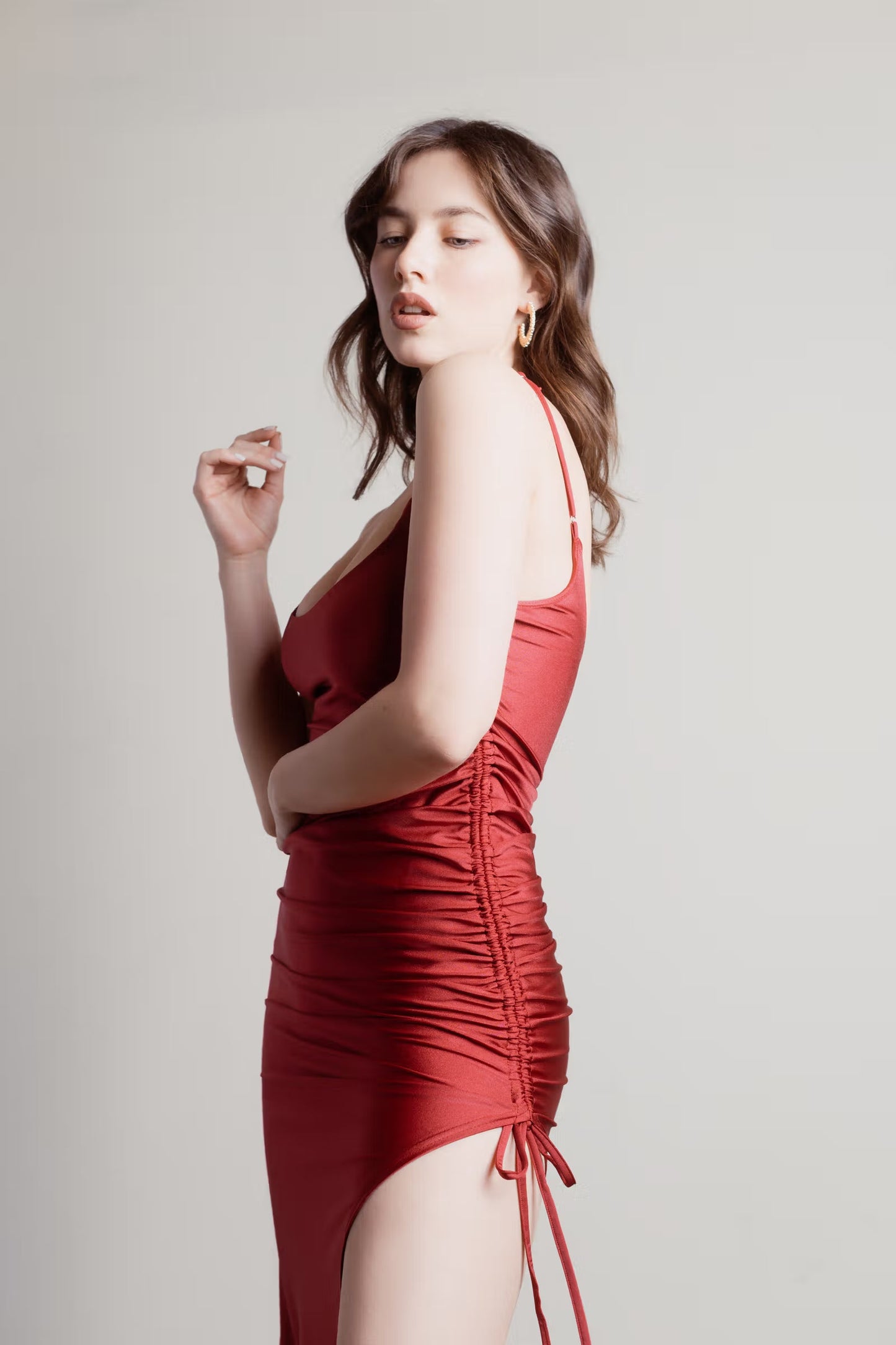 Tobi What A Night Ruched High Slit Maxi Dress