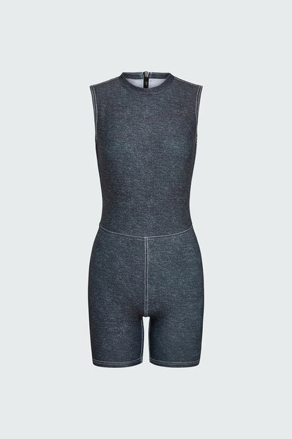 Watskin Sunwear Reiley Sleeveless Short Bodysuit in Black Denim