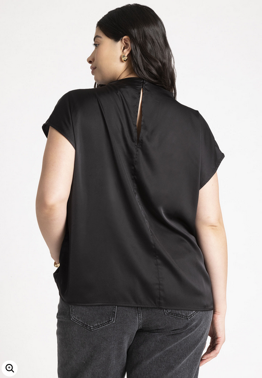 ELOQUII Women's Pleat Detail Satin Shirt - Black Onyx