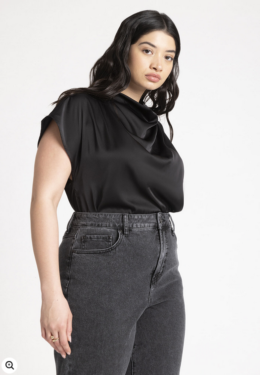 ELOQUII Women's Pleat Detail Satin Shirt - Black Onyx