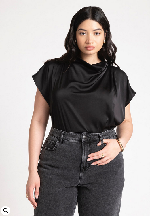 ELOQUII Women's Pleat Detail Satin Shirt - Black Onyx