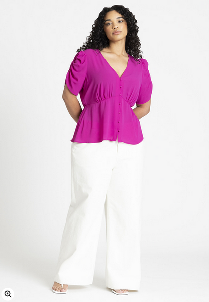 ELOQUII Women's Shirred Sleeve Top With Buttons