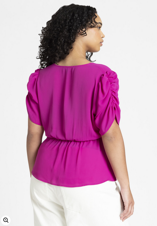 ELOQUII Women's Shirred Sleeve Top With Buttons