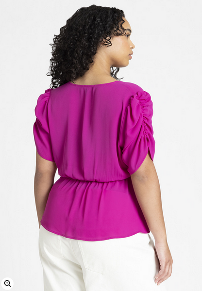 ELOQUII Women's Shirred Sleeve Top With Buttons