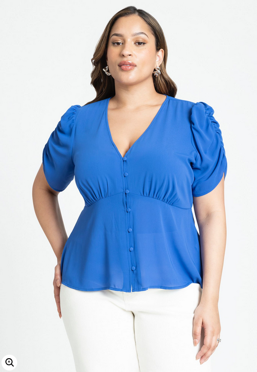 ELOQUII Women's Shirred Sleeve Top With Buttons