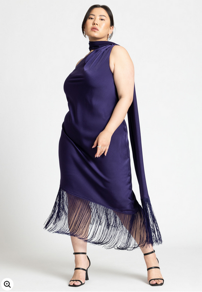ELOQUII Women's Scarf Neck Fringe Dress