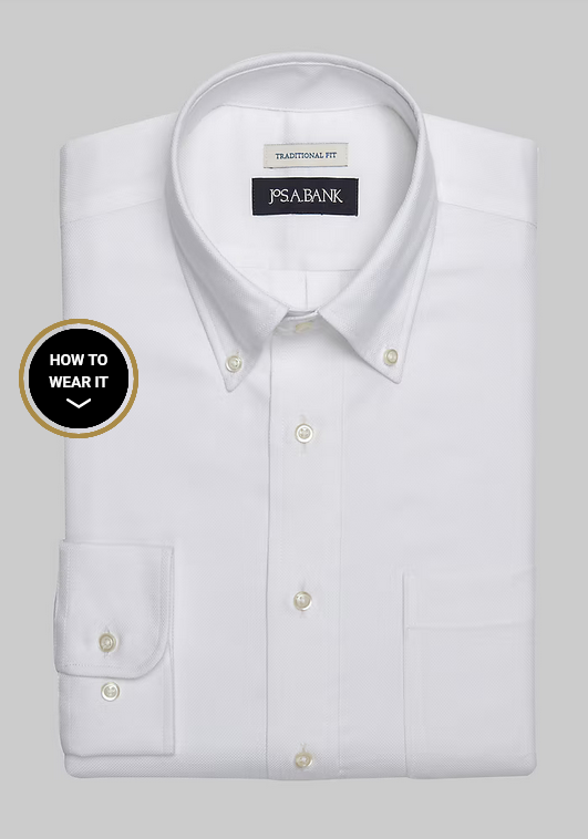 Jos. A. Bank Jos. A. Bank Traditional Fit Button-Down Collar Solid Dress Shirt #52B5 - White- Regular