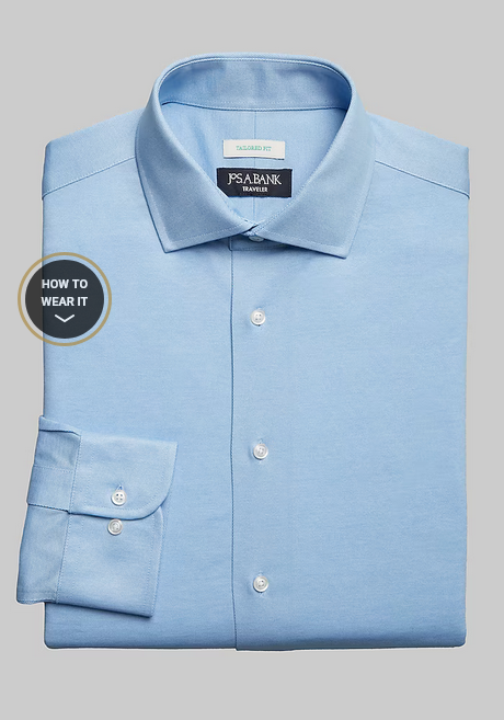 Jos. A. Bank Traveler Collection Tailored Fit Spread Collar Coolmax Knit Dress Shirt #5G10 - Blue - 70