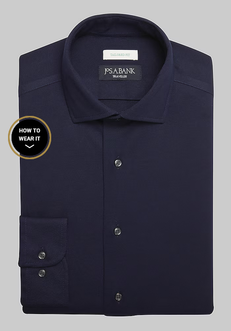 Jos. A. Bank Traveler Collection Tailored Fit Spread Collar Coolmax Knit Dress Shirt #5G10 - Navy - 75