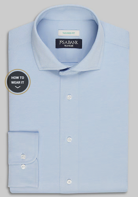 Jos. A. Bank Traveler Collection Coolmax Tailored Fit Spread Collar Twill Knit Dress Shirt #508B - Blue - 70