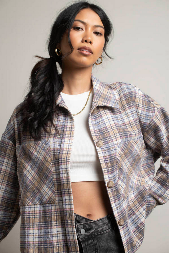 Tobi So Lucky Plaid Shacket - Cream Multi