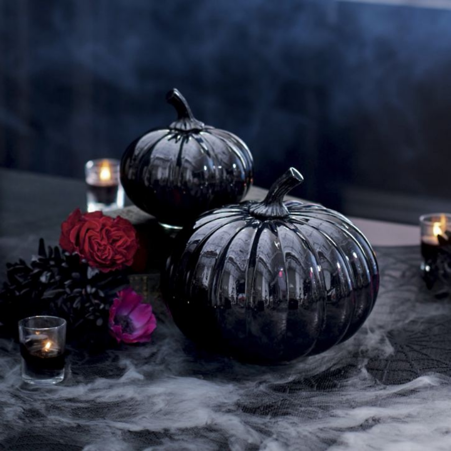 Grandin Road Black Glass Pumpkin, Set of Two