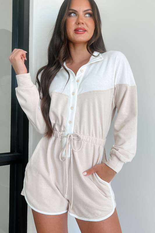 NanaMacs Ozzie Button-Front Long Sleeve Romper (White/Seashell)