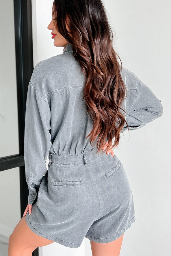 NanaMacs DOORBUSTER Fremont Button Front Long Sleeve Romper (Washed Black)