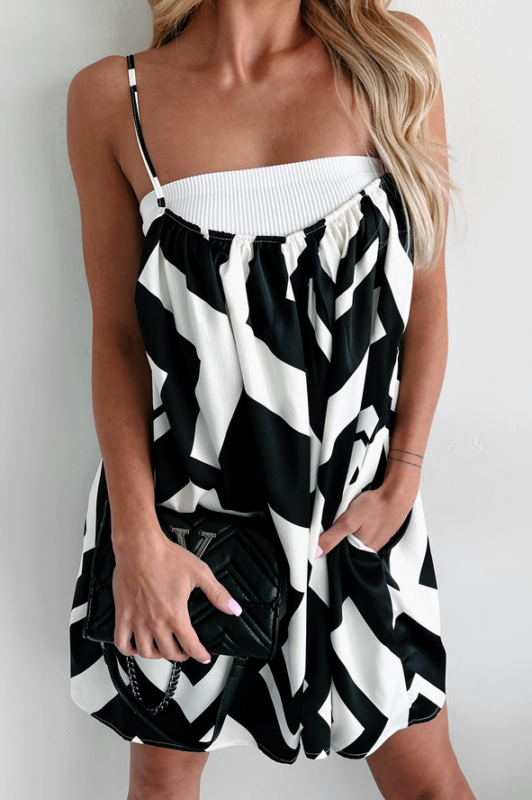 NanaMacs Keep It Creative Geometric Satin Romper (Black/White)