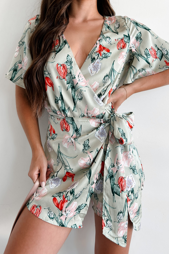 NanaMacs Discovering Paradise Satin Floral Romper (Sage Blue)