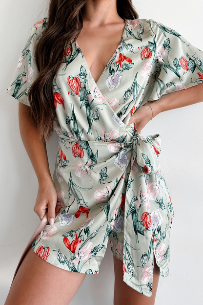 NanaMacs Discovering Paradise Satin Floral Romper (Sage Blue)