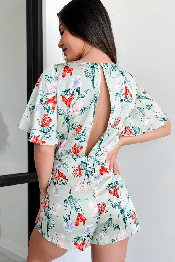 NanaMacs Discovering Paradise Satin Floral Romper (Sage Blue)