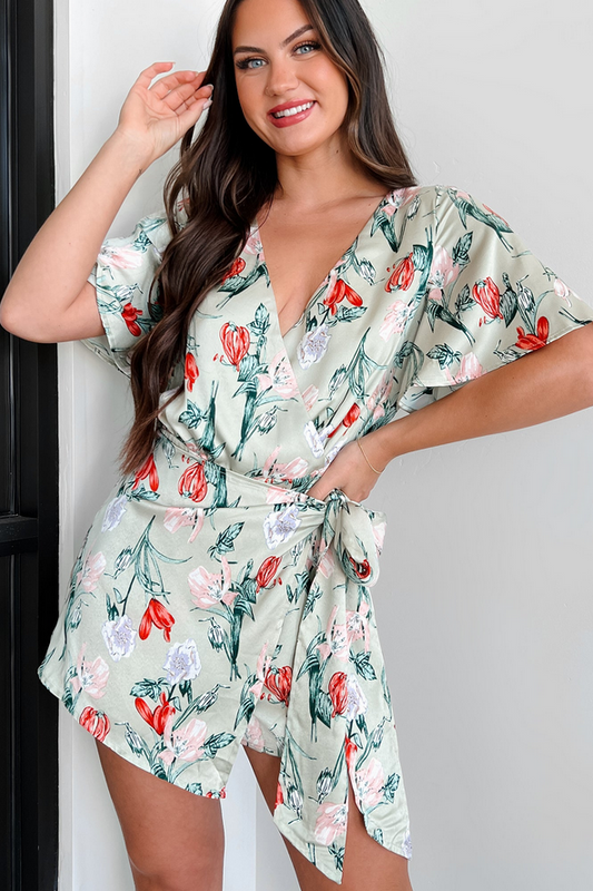 NanaMacs Discovering Paradise Satin Floral Romper (Sage Blue)