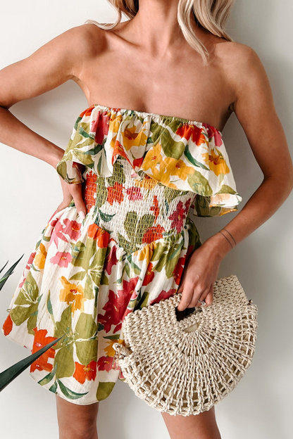 NanaMacs Soft Breezes Strapless Floral Romper Dress (Cream/Multi)