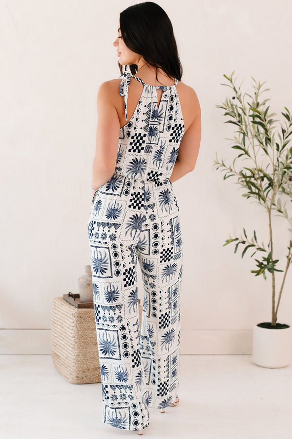 NanaMacs Ocean Calls Halter Abstract Print Jumpsuit (Ivory/Navy)